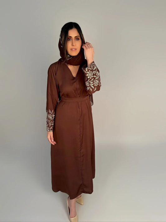 Dark Brown Embroidered 2 Piece Abaya Set