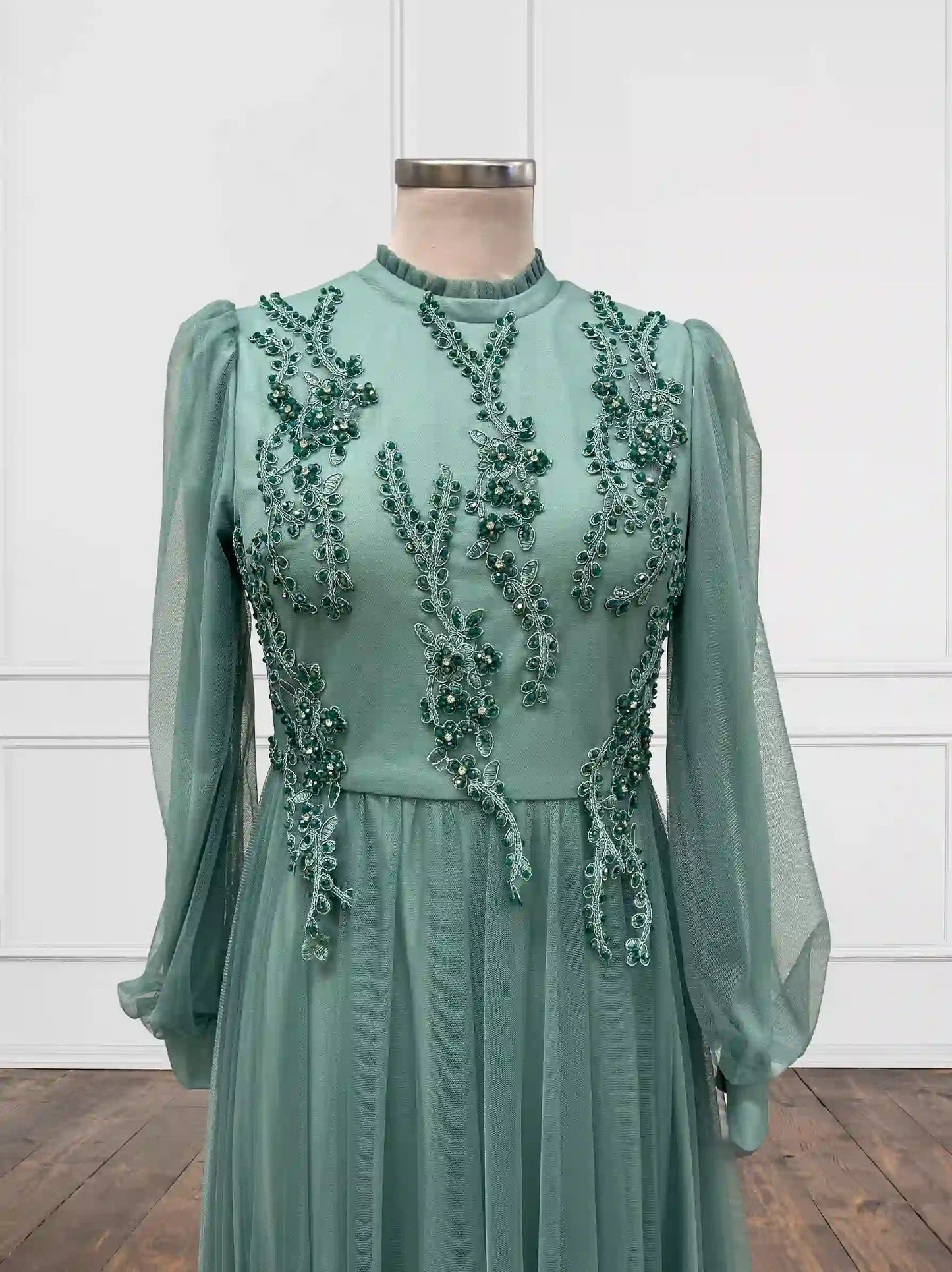 Embellished Chest Tulle Mint Green Evening Dress