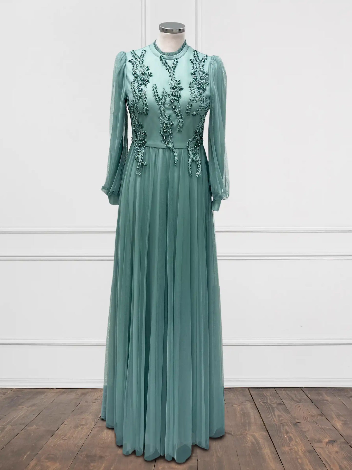 Embellished Chest Tulle Mint Green Evening Dress