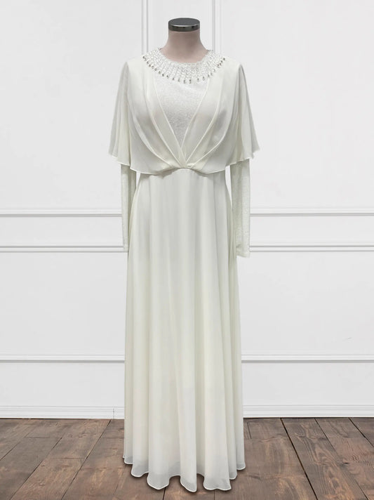 Embellished Neckline Glitter White Modest Evening Dress