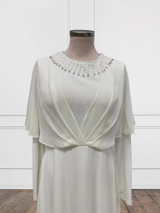 Embellished Neckline Glitter White Modest Evening Dress