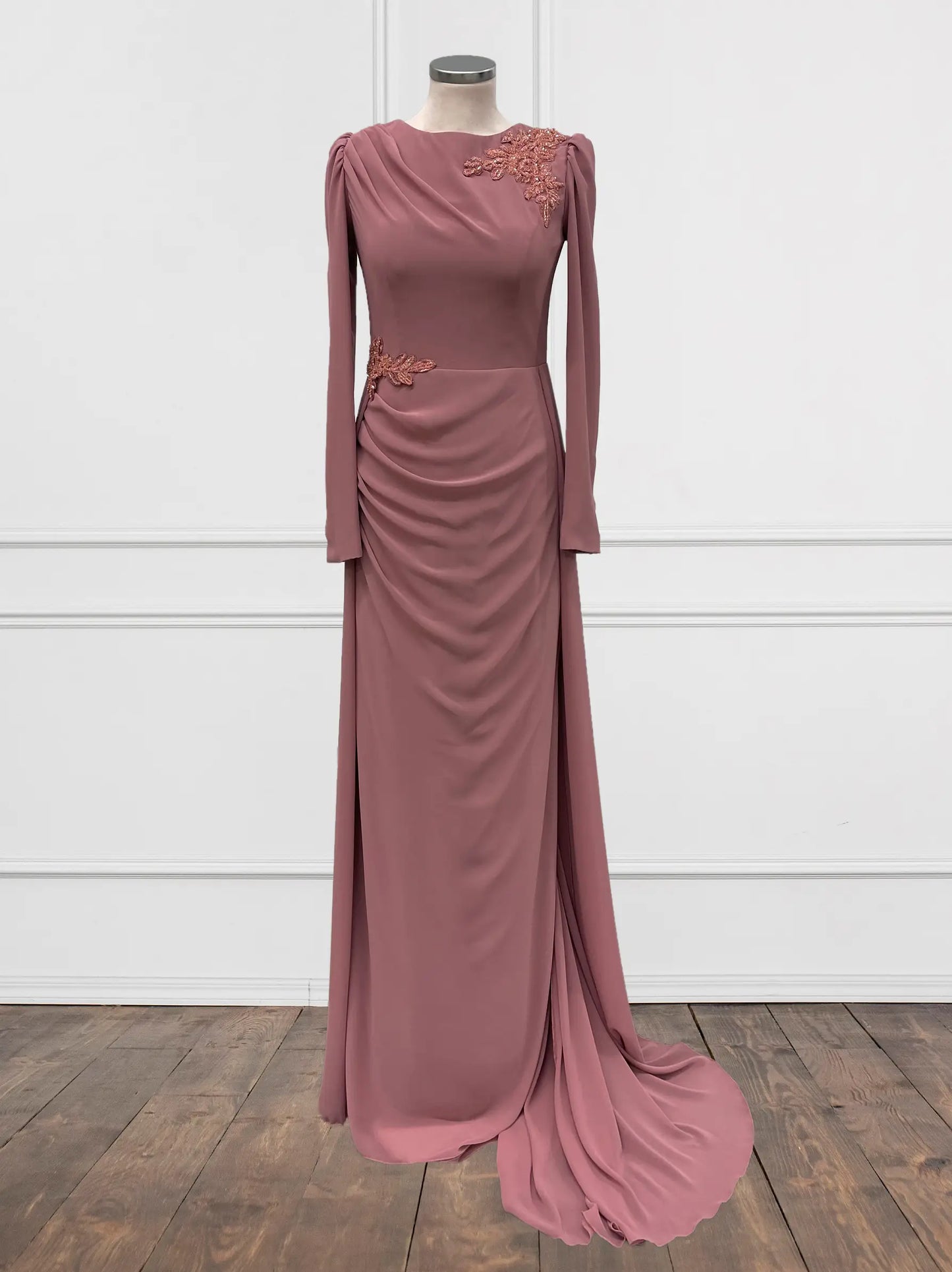 Embellished Chiffon Pink Modest Evening Dress