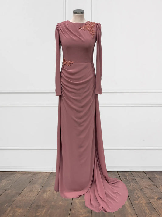 Embellished Chiffon Pink Modest Evening Dress