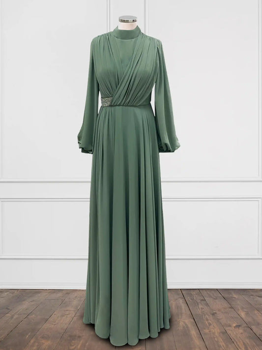 Gem Belt Detailed Tulle Wrap Khaki Green Evening Dress