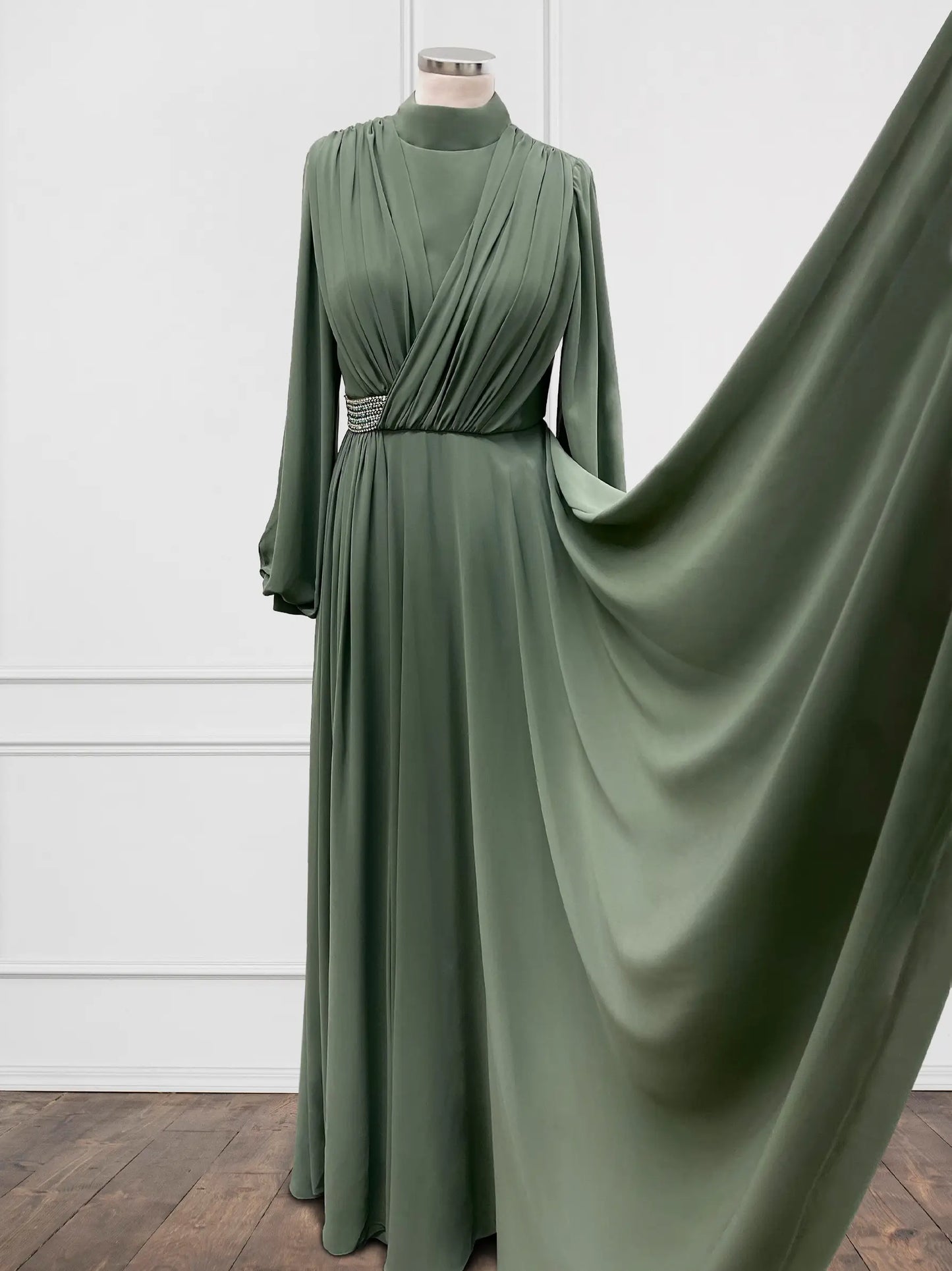 Gem Belt Detailed Tulle Wrap Khaki Green Evening Dress