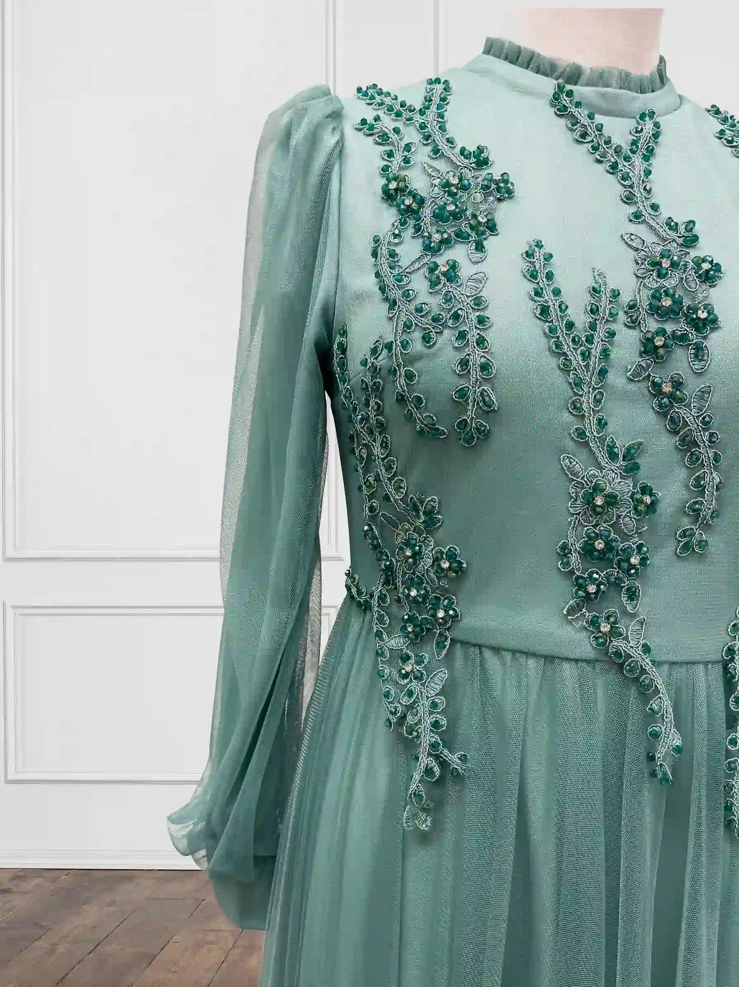 Embellished Chest Tulle Mint Green Evening Dress