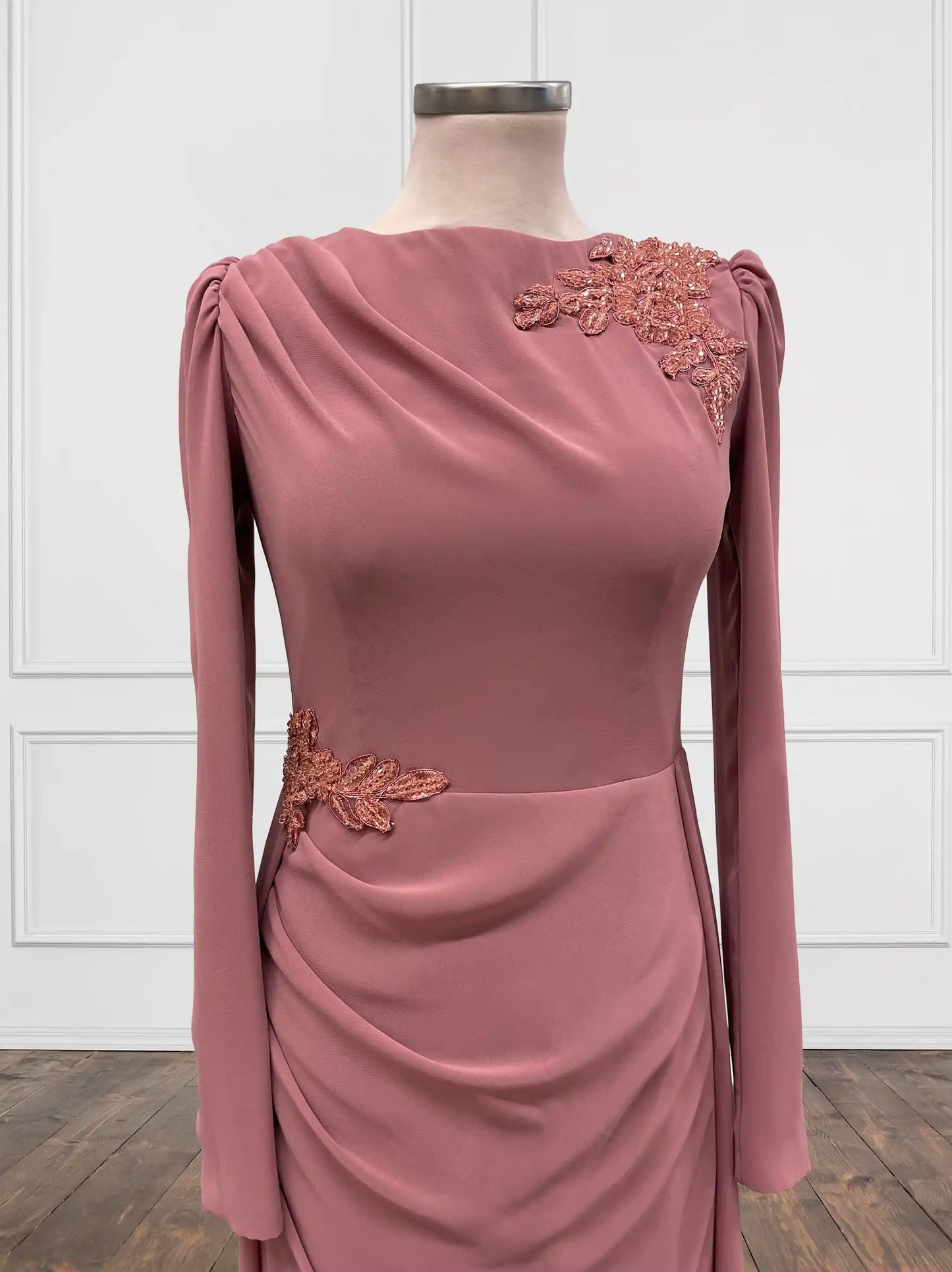 Embellished Chiffon Pink Modest Evening Dress